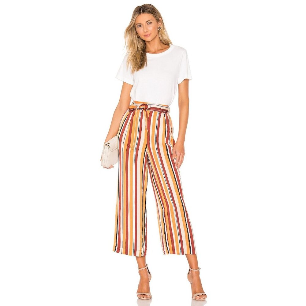 Frame Pants Striped Satin Belted Wide Leg Crop Orange Brown SZ M NWT $255
